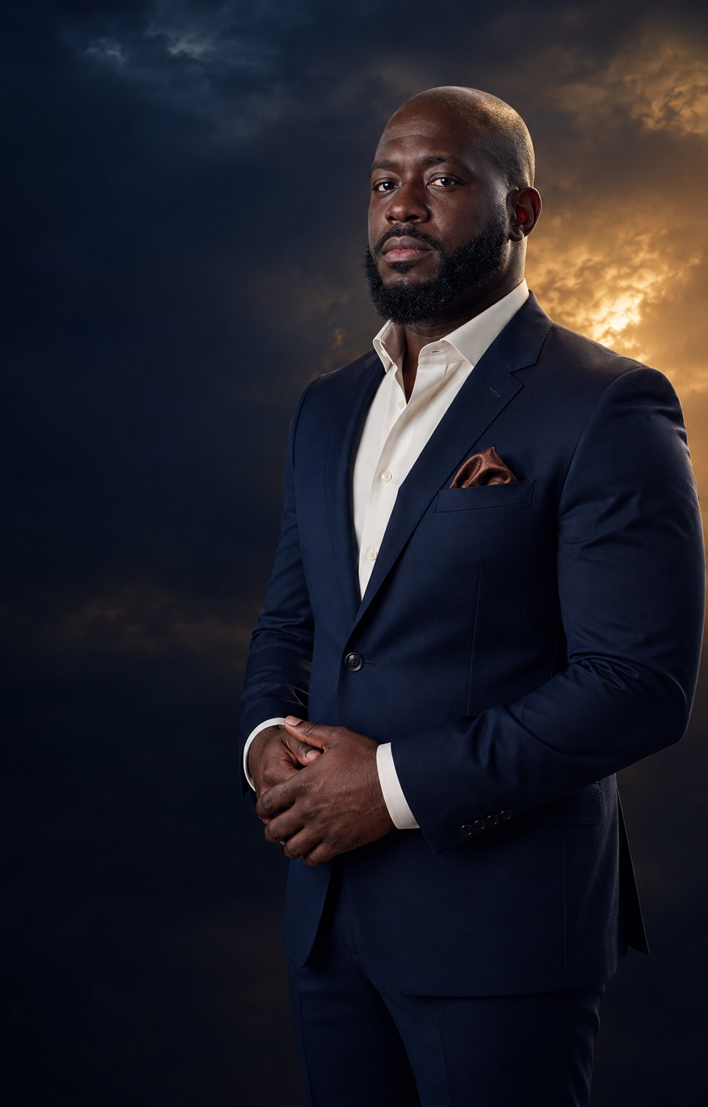 Max Claircius standing in a navy suit against a storm sky breaking into golden light