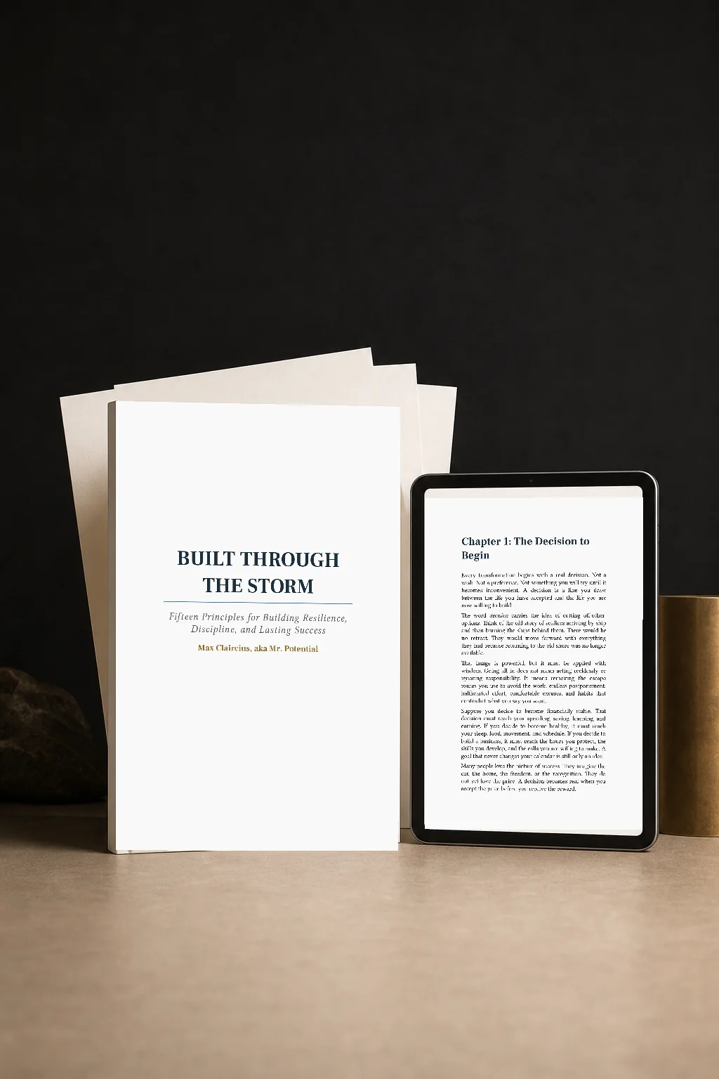 Built Through the Storm ebook shown as a printed book beside a tablet displaying Chapter 1